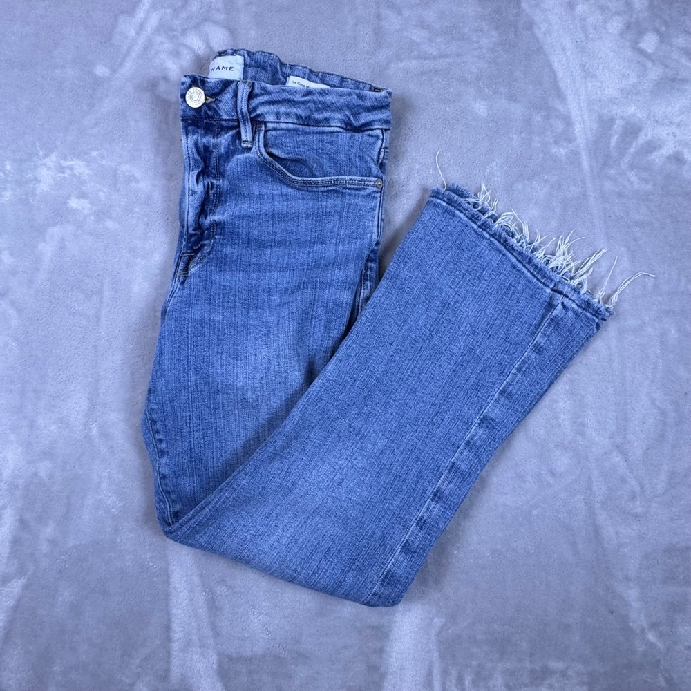 Frame Le Crop Mini Boot Jeans Jadite Blue Raw Hem Cropped Bootcut Size 30